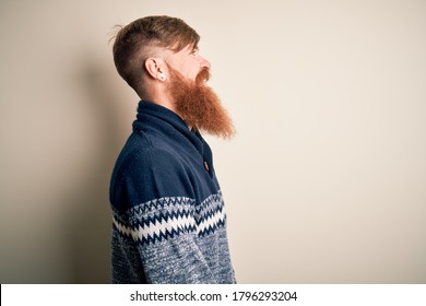 Handsome Irish redhead man with beard wearing winter sweater over isolated background looking to side, relax profile pose with natural face with confident smile.