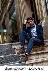 Handsome Italian Guy With Shirt And Bow Tie. High Quality Photo