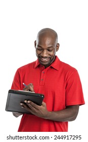 Handsome Late 20s Black Man Camp Director Writing On A Clipboard Isolated On A White Background