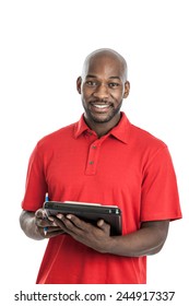 Handsome Late 20s Black Man Camp Director Holding A Clipboard Isolated On A White Background