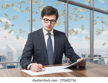 Handsome Legal Consultant Is Dealing With Due Diligence Process In A Modern Skyscraper Office With A Panoramic New York View. Money Are Falling Down From The Sky.