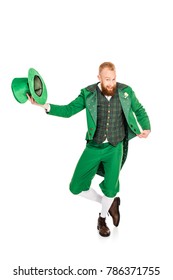 Handsome Leprechaun In Green Costume Holding Hat, Isolated On White