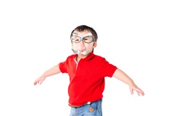 Handsome Little Baby Boy Playing With Funny Disguise Glasses And Nose Isolated On A White Studio Background