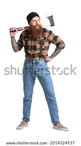 Handsome lumberjack on white background
