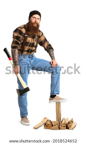 Handsome lumberjack on white background
