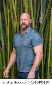 Handsome Macho Man Posing On A Bamboo Background. Male Model Bald With Beard Wearing A Polo Shirt