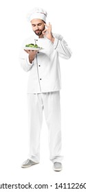 Handsome Male Chef With Salad On White Background