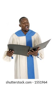 Handsome Male Church Choir Member In Choir Robe Holding A Music Folder And Singing.  Isolated On White.