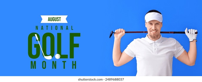 Handsome male golfer on blue background. Banner for National Golf Month - Powered by Shutterstock