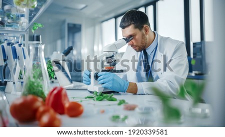 Handsome Male Scientist in Safety Glasses Analyzing a Lab-Grown Tomato Through an Advanced Microscope. Microbiologist Working on Molecule Samples in Modern Laboratory with Technological Equipment.