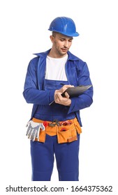 Handsome Male Worker With Clipboard On White Background