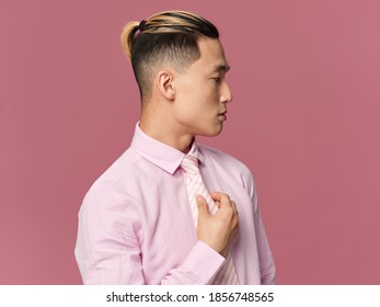 Handsome Man Asian Appearance Trendy Hairstyle Shirt With Self Confidence Tie