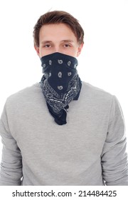 Handsome Man In Bandana On Neck Isolated On A White