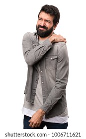 Handsome Man With Beard With Shoulder Pain On White Background