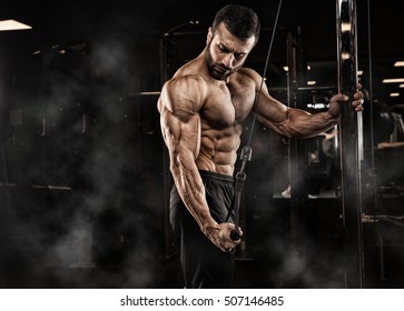 Handsome Man With Big Muscles, Posing At The Camera In The Gym