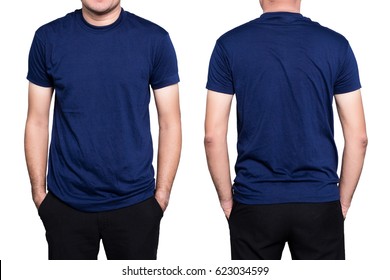 Handsome  man in a blank blue t-shirt  isolated on white background.