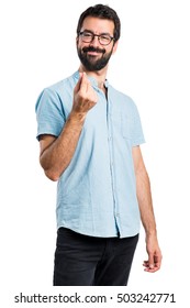 Handsome Man With Blue Glasses Making Money Gesture