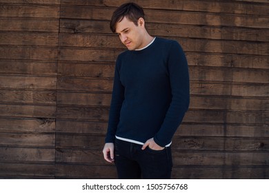 Handsome Man Blue Sweater Poses Against Stock Photo Shutterstock