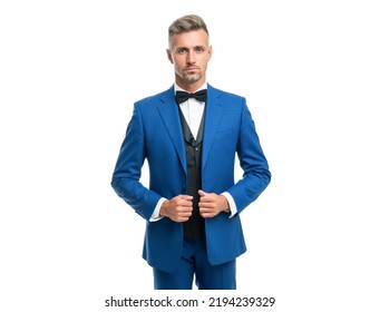 Handsome Man In Bow Tie Blue Suit. Businessman Isolated On White. Gentleman In Formal Wear