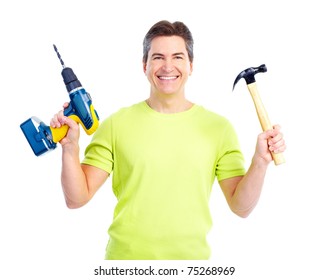 Handsome Man With Cordless Drill And Hammer.  Isolated Over White Background