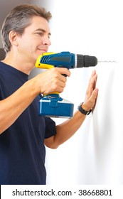 Handsome Man With Cordless Hand Drill. Renovation