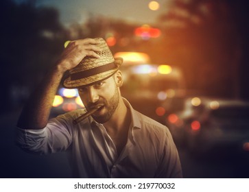 Handsome Man With Cuban Cigar On The Street