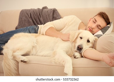 Handsome Man With Cute Dog Sleeping In Sofa