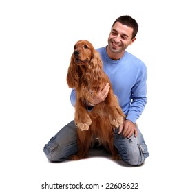 Handsome Man With Dog Over White Background