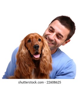 Handsome Man With Dog Over White Background