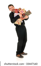 Handsome Man Doing Christmas Shopping.  Studio Shot, White Background