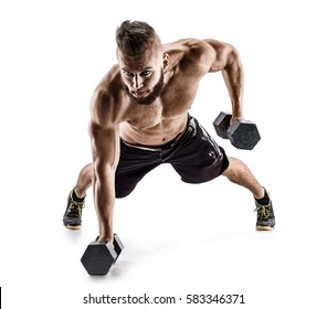 Handsome Man Doing  Exercise With Dumbbells. Photo Of Muscular Man Isolated On White Background. Strength And Motivation.