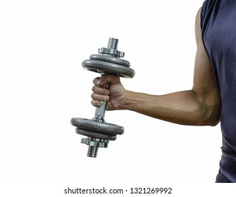  handsome man doing exercise on dummbells with white background 
