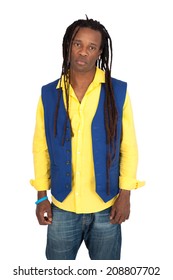 Handsome man with dreadlocks doing different expressions in different sets of clothes:sad