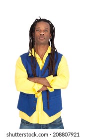 Handsome man with dreadlocks doing different expressions in different sets of clothes: arms crossed