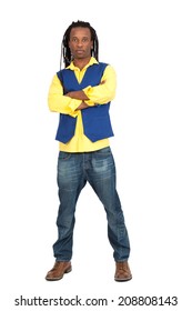 Handsome man with dreadlocks doing different expressions in different sets of clothes: arms crossed
