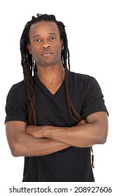 Handsome man with dreadlocks doing different expressions in different sets of clothes: arms crossed