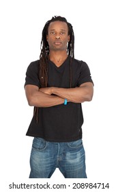 Handsome man with dreadlocks doing different expressions in different sets of clothes: arms crossed