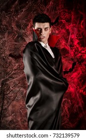  Handsome Man Dressed In A Dracula Costume For Halloween. Attractive Vampire