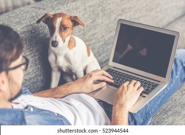 Handsome man in eyeglasses is using a laptop while lying on couch at home. Cute dog is looking at his guardian