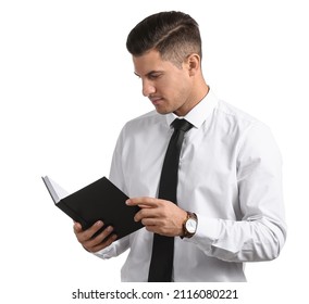 Handsome man in formal clothes reading book on white background - Powered by Shutterstock