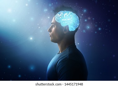 Handsome Man With Glowing Brain On Dark Background