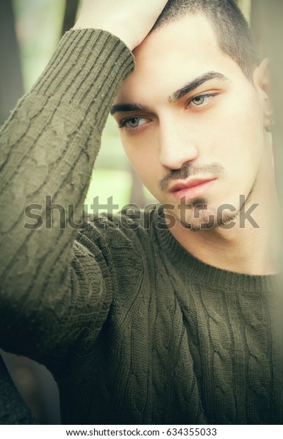 Handsome Man Green Eyes Short Hair People Beauty Fashion Stock