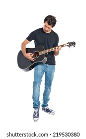 Handsome Man With Guitar Over White Background