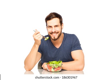 Handsome Man Having In Front Healthy Food And Junk Food, Choosing Salad