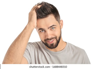 Handsome Man With Healthy Hair On White Background