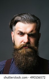 Handsome Man Hipster With Long Beard Moustache And Brunette Hair In Studio On Grey Background