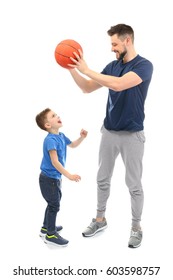 Handsome Man And His Son Playing Basketball On White Background