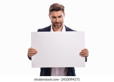 Handsome man holds the sign, blank card. Placard ready for your product. Portrait of man showing blank sign board on studio isolated background. Empty blank board. Advertising and copy space concept. - Powered by Shutterstock