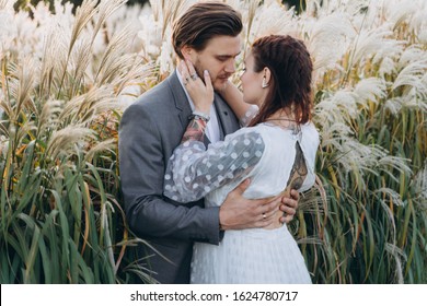 Handsome Man Hugging Beautiful Pregnant Woman In White Dress At Uruguayan Pampas Grass Background In Evening 