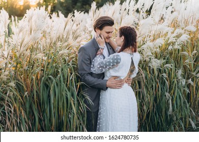 Handsome Man Hugging Beautiful Pregnant Woman In White Dress At Uruguayan Pampas Grass Background In Evening 